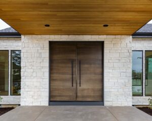 Natural Cream Limestone Veneer on Residential Entryway Exterior